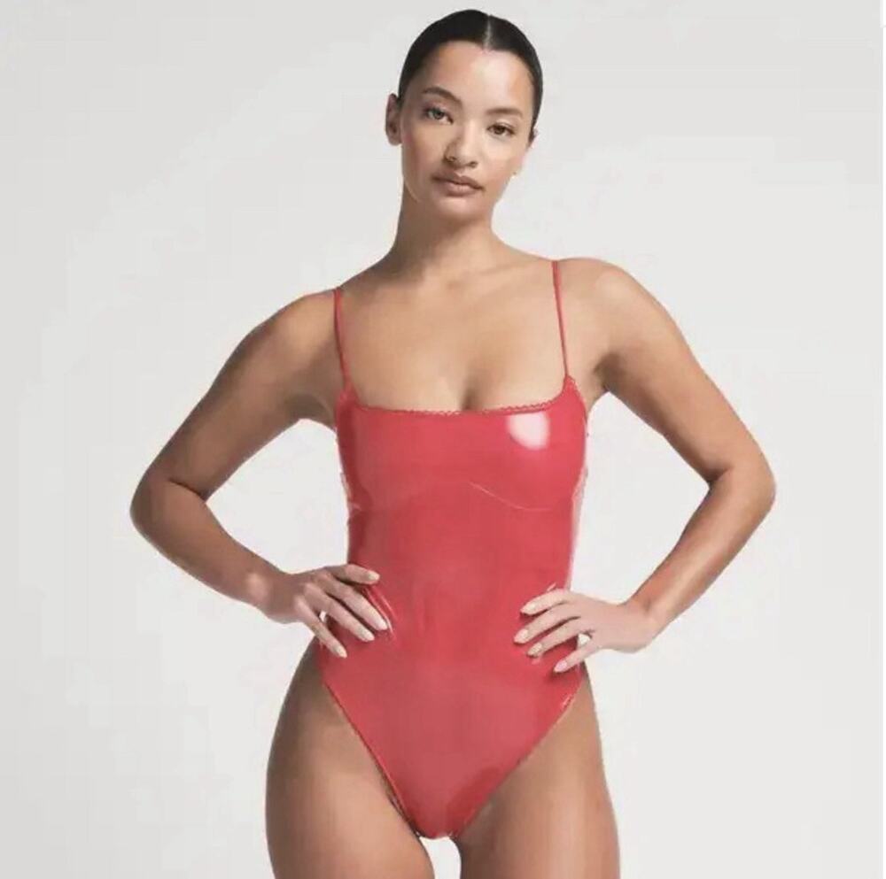 NWT SKIMS Red Vinyl Thong Bodysuit Size S